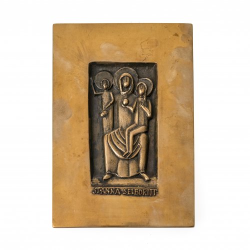 Reidel, Karl. Plakette mit dem Motiv der  Anna Selbdritt. Bronze. Rückseitig sign., mit Aufhängung. 14 x 10,5 cm.