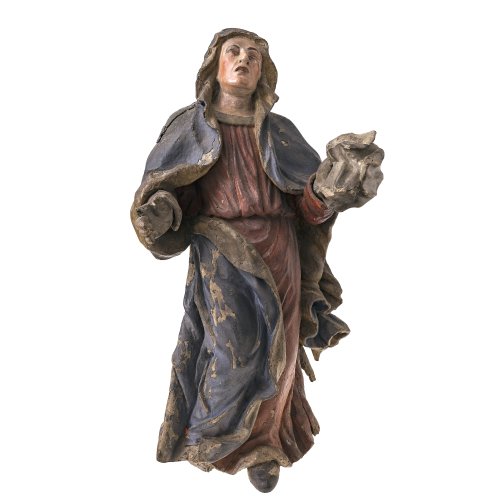 Hl. Maria Magdalena. Holz, übergangene Farbfassung. Besch., ein Fuß fehlt. H. 81 cm.