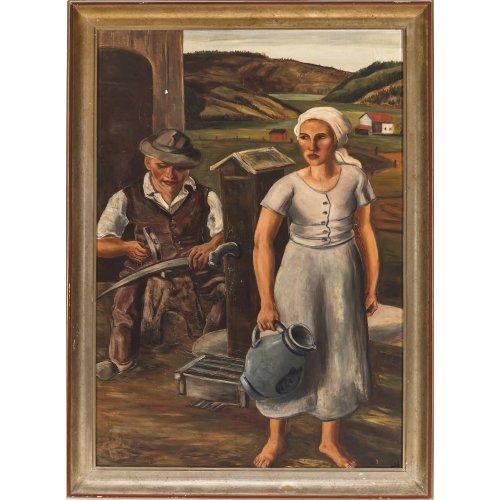 Nerud, Josef Karl. Bauernpaar bei der Arbeit. Öl/Holz. 87 x 60 cm. Leichte Farbabsplitterungen. Sign. rechts unten.