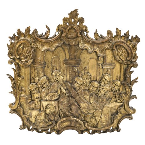 Pfingstwunder-Relief. Boos, Roman Anton, zugeschrieben. Holz, übergangene Vergoldung. Rocailleförmiger Umriss. Best. 73 x 79 cm.