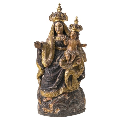 Madonna mit Kind. Spanien. Holz, Farb- und Goldfassung. Besch., partiell wurmstichig. H. 43 cm.