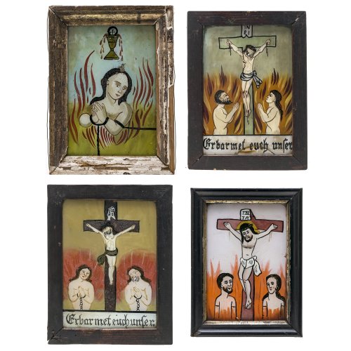 Vier Hinterglasbilder. Süddt., Arme Seelen im Fegefeuer, Tempera/Glas, leichter Farbabrieb und Sprung. Ca. 4,5 x 11 cm.