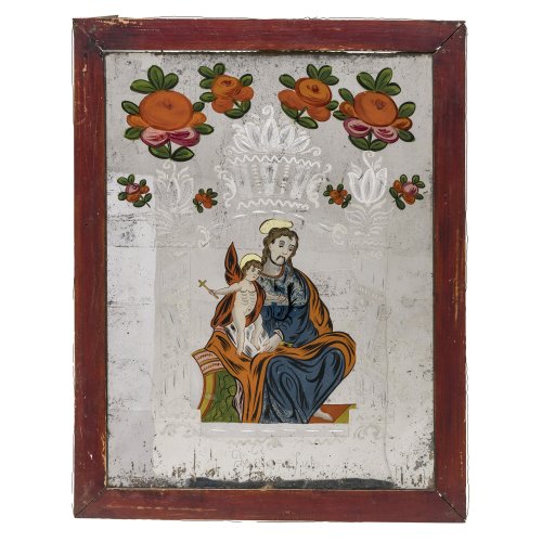 Hinterglasbild, Nordböhmen.  Hl. Joseph mit Jesuskind in Bogenkartusche, Tempera/Spiegelglas, mit Ätzmattierung. Rückwand fehlt, Abrieb. 50 x 37 cm.