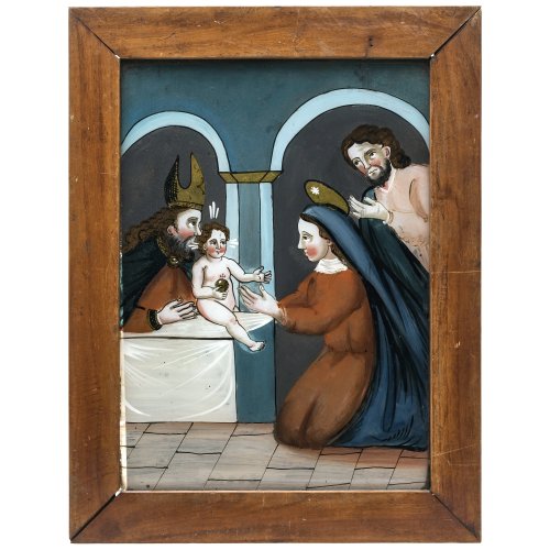 Hinterglasbild. Österreich. Darbringung Christi im Tempel. Tempera/Glas, 31,5 x 23 cm.