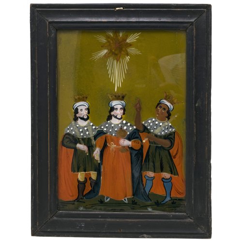 Hinterglasbild. Sandl oder Buchers. Die hl. drei Könige. Tempera/Glas, 26 x 18 cm.