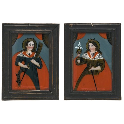 Zwei Hinterglasbilder. Buchers oder Sandl, hl. Katharina bzw. hl. Barbara. Tempera/Glas, je 19 x 13 cm.