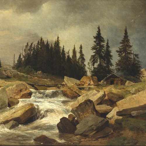 Zimmermann, Albert. Hochgebirge mit Hirten. Öl/Lw. 32 x 51,5 cm. Min. am Rand berieben. Sign., dat. 1850.