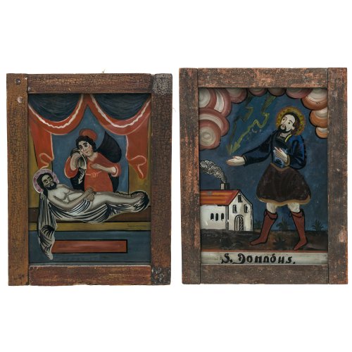 Zwei Hinterglasbilder. Hl. Donatus von Münstereifel und Beweinung Christi. Tempera/Glas,  je ca. 26 x 19 cm. Eines mit min. Farbabrieb, Rahmen besch.