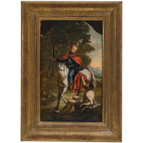 Süddeutsch, 18. Jh. Hl. Martin zu Pferd. Öl/Lw. 31 x 19 cm. Rest., doubl. Unsign.