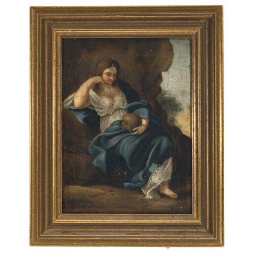 Süddeutsch, Ende 18. Jh. Hl. Maria Magdalena. Öl/Lw. 24 x 17 cm. Besch., Craquelé, rest.