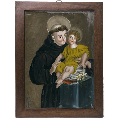 Hinterglas. Italien, 19. Jh. Hl.  Antonius mit dem Jesuskind. Tempera/Glas. Leichter Farbabrieb. 39 x 28 cm.