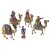 Fünf Krippenfiguren: vier Kamele, ein Kameltreiber. Holz, geschnitzt, farbig bemalt. Leicht besch., einige Details fehlen. H. 14-24 cm.