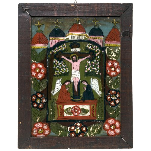 Hinterglasbild. Rumänisch, 19. Jh. Jesus am Kreuz, umgeben von adorierenden Engeln. Tempera/Glas. 40,5 x 30,5 cm. Rückseite ergänzt. Farbabrieb.
