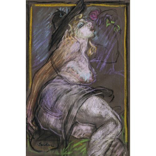 Sailer, Anton. Junges Mädchen mit Hut und Rose im Mund. Kreide/Papier. 39 x 27 cm. Sign.