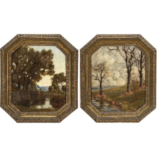 Cairati, Gerolamo: Zwei Gemälde, Landschaftsmotive. Geschnitzte Rahmen des 18./19. Jh. Besch. 49 x 42 cm.