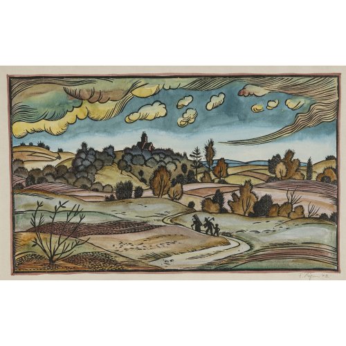 Högner, Franz. Kleine Landschaft. Aquarell. 16,5 x 28 cm. Sign., dat. 42.