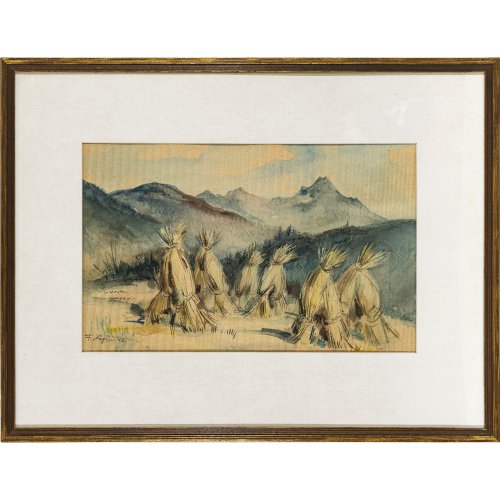 Högner, Franz. Heumandln vor bergiger Landschaft. Aquarell. 27 x 42,5 cm. Sign., dat. 42.