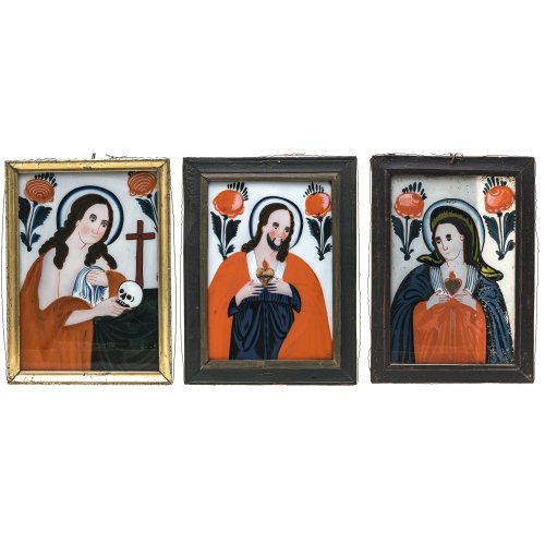 Drei Hinterglasbilder. Buchers oder Sandl. Herz Mariä, Herz Jesu und Maria Magdalena. Tempera/Glas, ca. 25 x 17 cm (2x) und 23 x 16,5 cm.