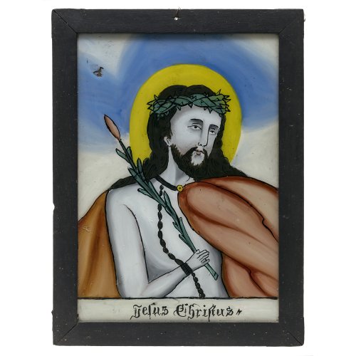Hinterglasbild. Jesus mit Dornenkrone, Geiselungskette und Palmzweig, Tempera/Glas, mit Farbabrieb. 37 x 25 cm.