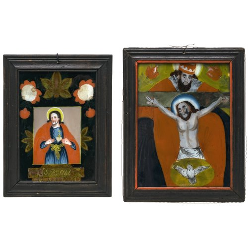 Zwei Hinterglasbilder. Buchers oder Sandl. Gnadenstuhl bzw. Herz Jesu. Tempera/Glas, 28 x 21 cm bzw. 24 x 16,5 cm. Kleine Farbablösungen, min. rest.