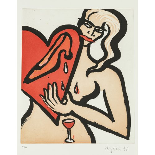 Bach, Elvira. Farbaquatinta, Frau mit tränendem Herz, Schuh und Wein. 49 x 39,5 cm. Sign., dat. 96, Aufl. 97/99.