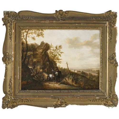 Schütz, Franz, zugeschrieben. Zwei Reiter vor weiter Landschaft. Öl/Holz. 26,5 x 34 cm. Rest., links im unteren Drittel bez., dat. 177(?)2.