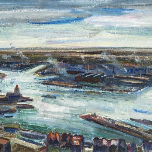 Wenk, Willi. Hamburger Hafen, um 1945. Öl/Lw. 60 x 83 cm. Sign.