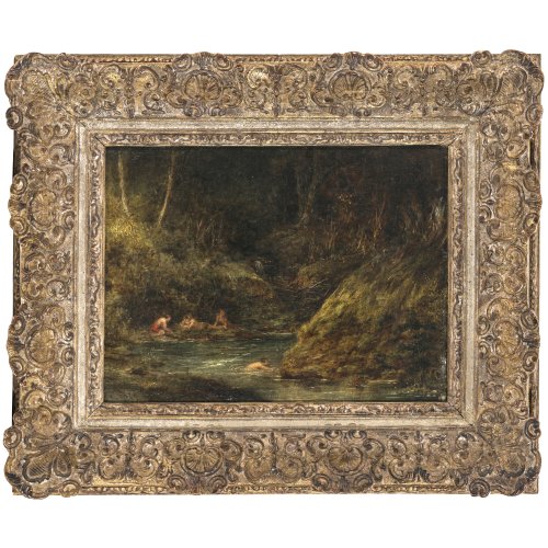 Diaz de la Pena, Eugène, zugeschrieben.  Badeszene im Wald. Öl/Lw. 28 x 38 cm. Doubl., rest. Unsign.