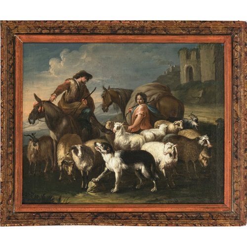 Italien, 18. Jh., Brandi, Domenico, zugeschrieben. Hirten mit ihrer Herde. Öl/Lw. 47 x 56 cm. Besch., rest.