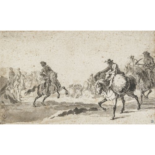 Rugendas, Georg Philipp, zugeschrieben. Reiter. Bleistiftzeichnung. 10 x 16,5 cm. Stockfleckig. Mit Sammlerstempel