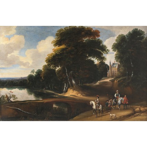 Arthois, Jacques, Umkreis, 17. Jh. Elegante Reiter in Waldlandschaft an einem See, im Hintergrund ein Schloss. Öl/Lw. 73 x 115 cm. Doubl., rest. Unsign.