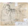 Hubbuch, Karl. Ellen Hubbuch (rechts) mit ihrer Nachbarin am Kaffeetisch, um 1947. Federzeichnung auf verschiedenen collagierten zusammengeklebten Papieren (Postkarten, Werbung, etc.). 35,5 x 42,5 cm. Monogr.