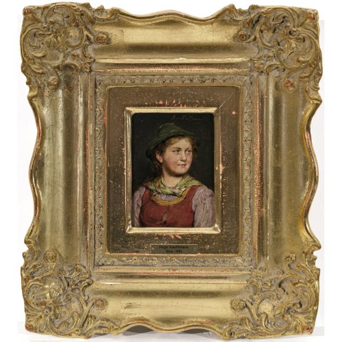 Kauffmann, Hugo. Brustporträt eines Mädchens mit grünem Hut. ÖL/Holz. 10,5 x 7,5 cm. Sign.