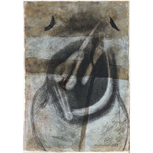 Andraschek, Iris. Abstrakte Komposition. Aquarell/Kohle/Bleistift. 35 x 23,8 cm. Sign., dat. 1988. Verso Künstlerstempel.