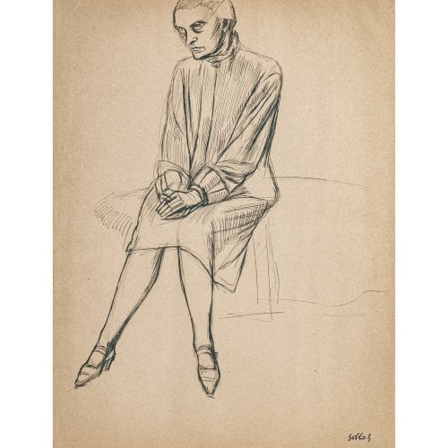 Hubbuch, Karl. Sitzendes Mädchen. Tusche auf feinem Papier. 41,7 x 32 cm. Nachlassstempel.