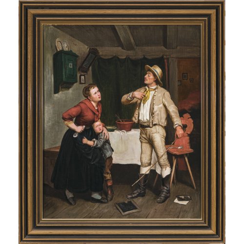 Hübner, Julius. 19. Jh. Der strenge Vater. Öl/ Lw. 76 x 63 cm. Sign. und dat. 