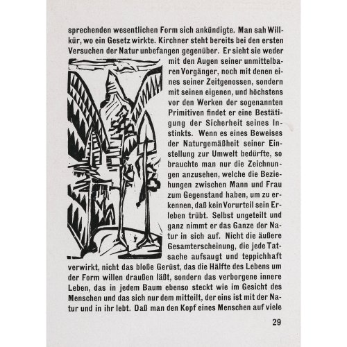 Kirchner, Ernst Ludwig. Bergtannen. Originalholzschnitt, 1925. 11,2 x 5,5 cm das Blatt, Seitengröße 26,4 x 20,5 cm. Edition 2000.Anbei Echtheitszertifikat Ferdinand Roten Galleries, Baltimore, USA.