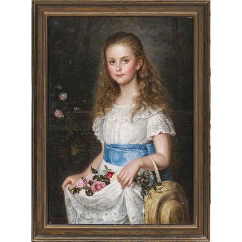 Schmitt, Nathanael. Porträt eines kleinen Mädchens mit Blumen gefüllter Schürze und einem Strohhut. Rest., min. besch. Sign., dat. 82., bez.: Saarbrücken.