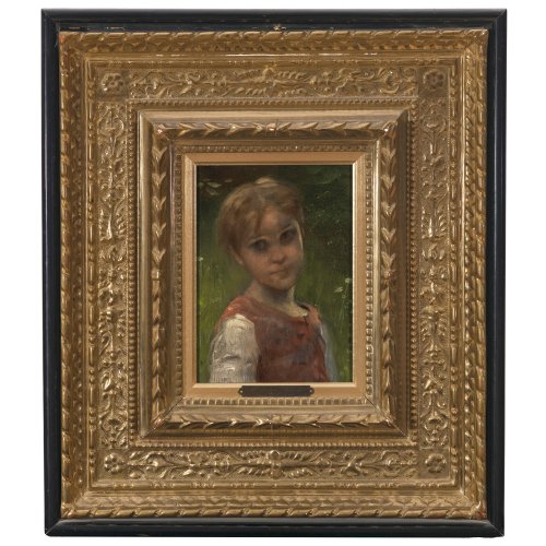 Kaulbach, Hermann. Brustporträt eines jungen Mädchens. Öl/Holz. 23 x 18 cm. Rücks. bez. und betitelt von Sofie Kaulbach. Unsign. Nachlassstempel.