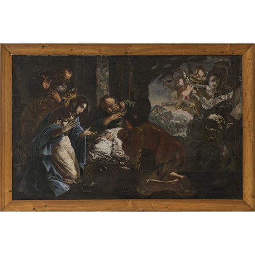 Bassano Jacopo (da Ponte), Werkstatt.  Anbetung der Hirten. Öl/Lw. 100 x 150 cm. Besch., rest. Unsign.