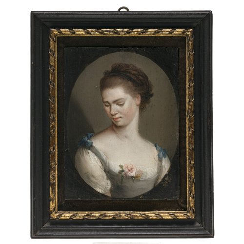 Herrlein, Johann Andreas, zugeschrieben Brustporträt eines Mädchens mit einer Blume am Bustier, die Haare zu einem Zopf gelochten. Öl/Holz. 16 x 12 cm. Unsign.