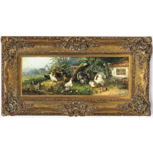 Scheuerer, Julius. Hühner und Truthähne. Öl/Holz. 13,5 x 36 cm. Sign.