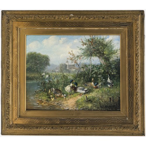Scheuerer, Julius. Enten an einem Teich, im Hintergrund Störche. Öl/Holz. 21,5 x 27 cm. Sign.