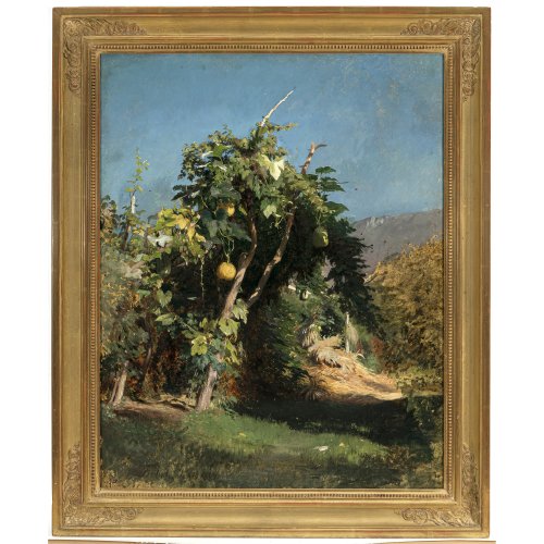 Ludwig, Carl. Blick in einen Garten mit Melonen. Öl/Lw. Doubl., rest. Unsign., bez.: 