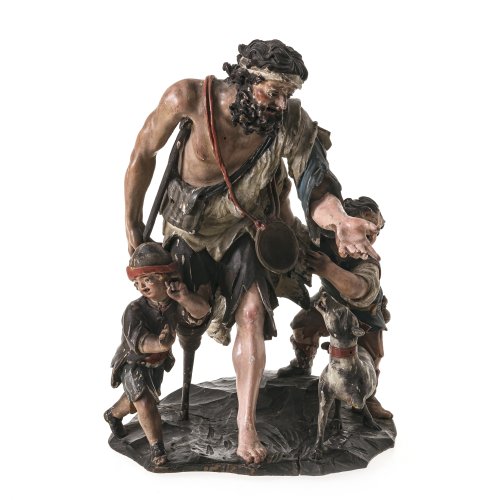 Bettlergruppe. Neapel, 18. Jh. Bettlergruppe, bestehend aus einem Man, zwei Kindern und einem Hund. Holz, übergangene Farbfassung. Figuren mit Glasaugen. Besch. und rest.