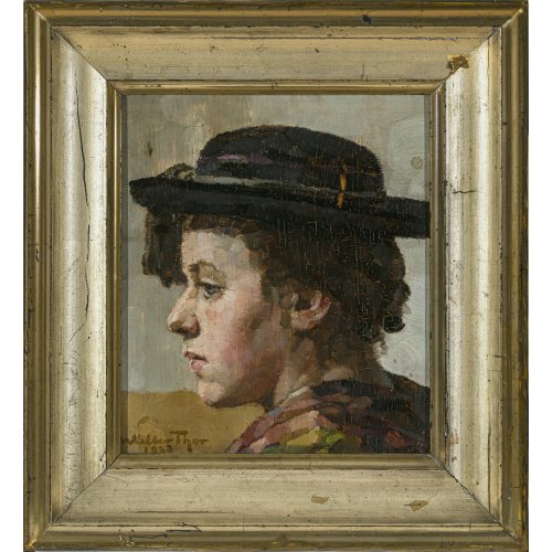 Thor, Walter. Porträt eines Mädchens mit Hut. Öl/Holz. 23 x 20 cm. Sign., dat. 1923.
