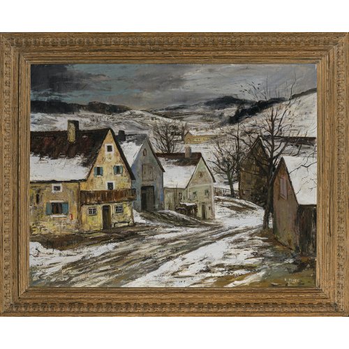 Huber, Ernst. Kleines Dorf im Winter. Öl/Lw. 77,5 x 98,5 cm. Sign.