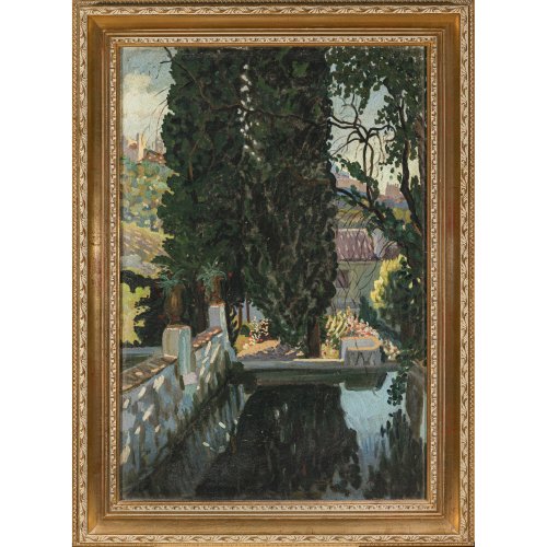 Frankreich, 20. Jh. Teich mit hohen Bäumen und Parkanlage. Öl/Lw. 68 x 46 cm. Unles. monogr. A...