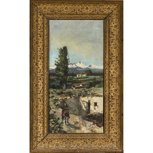 Spanien, 19. Jh. Lepma, Juan (?). Südliche Landschaft mit Reiter. Öl/Lw. 51,5 x 25 cm. dat. 1886.
