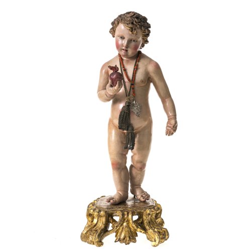 Stehendes Jesuskind mit flammendem Herz. Neapel. H. 35,5 cm.